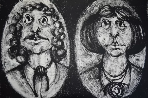 Gravure en noir - cabinet - Curiosité - Portrait de couple en médaillon